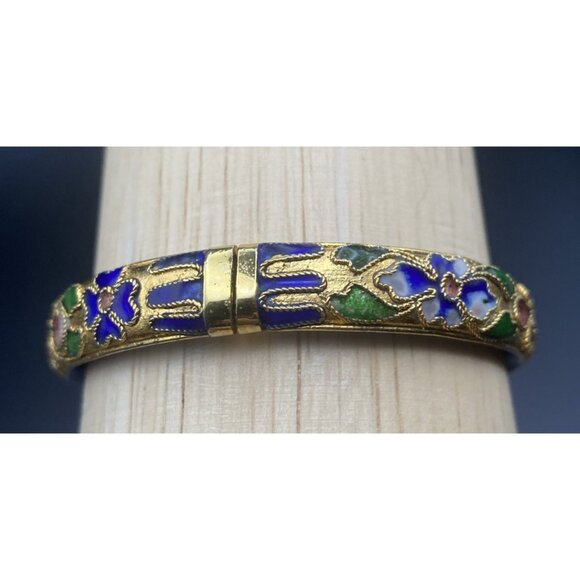 Vintage Cloisonné Bangle Bracelet Blue Gold Floral Motif Enamel Hinged 7"x1/3"w - Picture 4 of 15